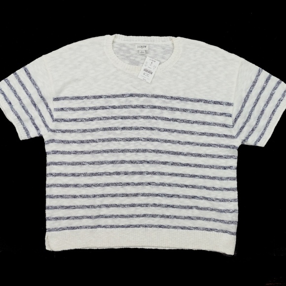 New JCREW Size L Striped Short-Sleeve Relaxed Beach Sweater White Navy $69 CJ218 - Picture 2 of 3